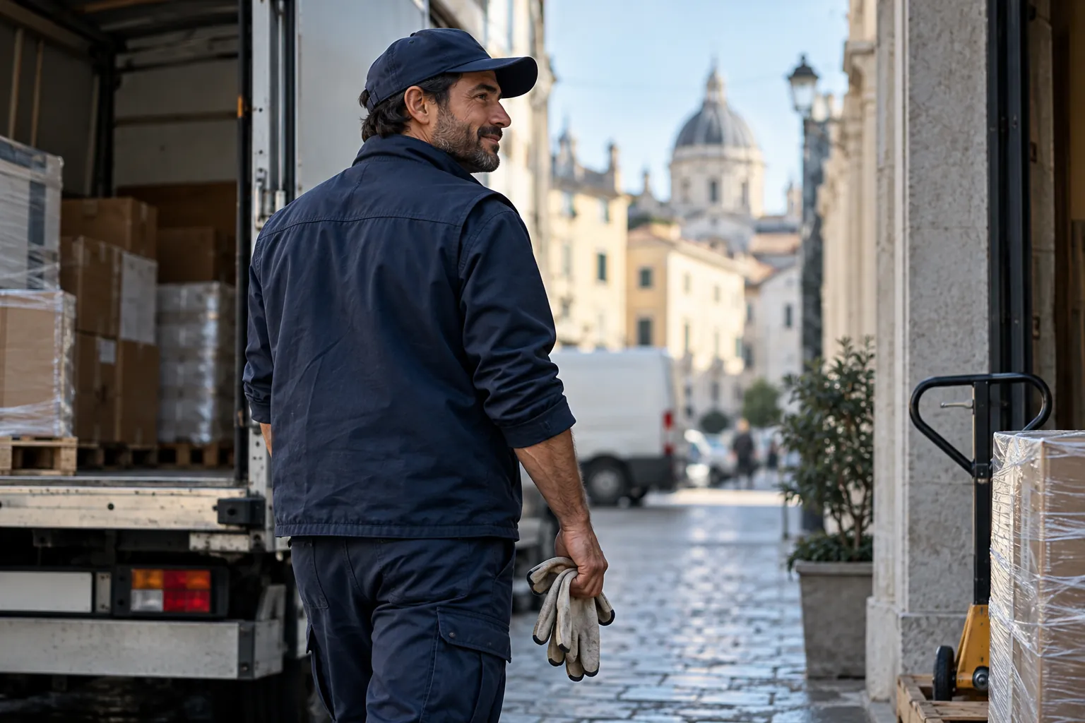 Un lavoratore della logistica accanto a un furgone carico