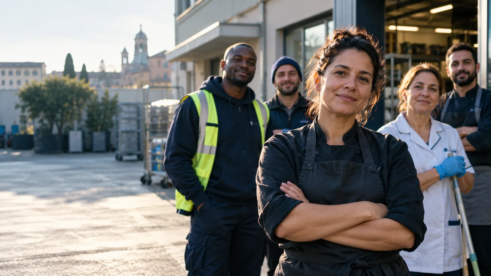 Lavoratrici e lavoratori di diversi settori davanti a un magazzino